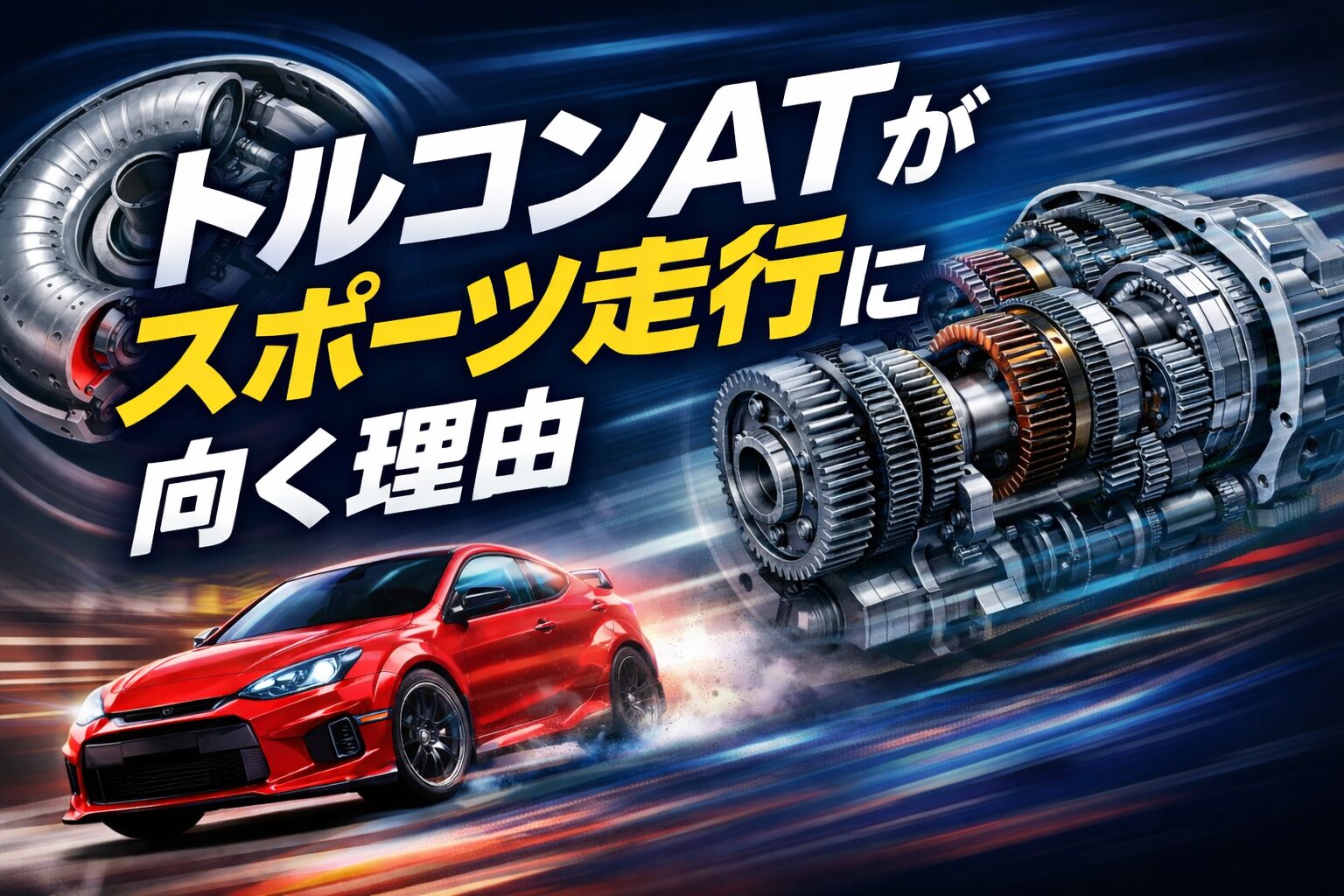 トルコンATがスポーツ走行に向く理由を示すイメージ。トルクコンバーターと遊星歯車機構、スポーツカーを組み合わせた図。