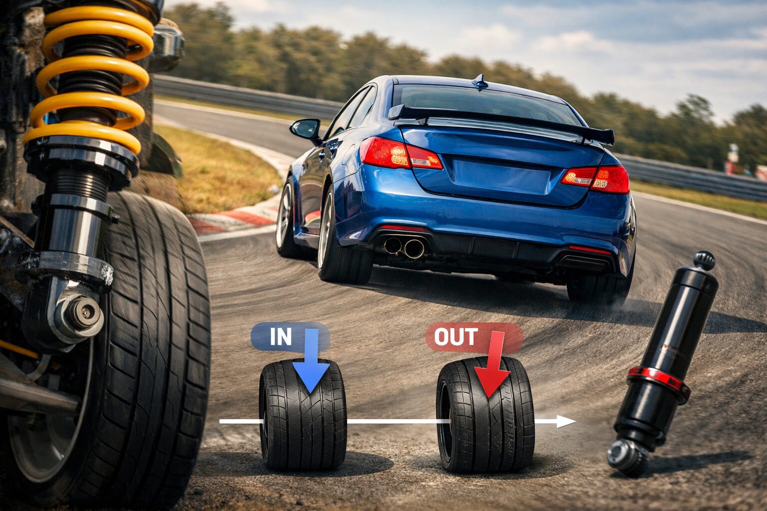 サーキットでコーナリングする車両とサスペンション構造、内外輪の荷重配分を示したグリップ解説イメージ