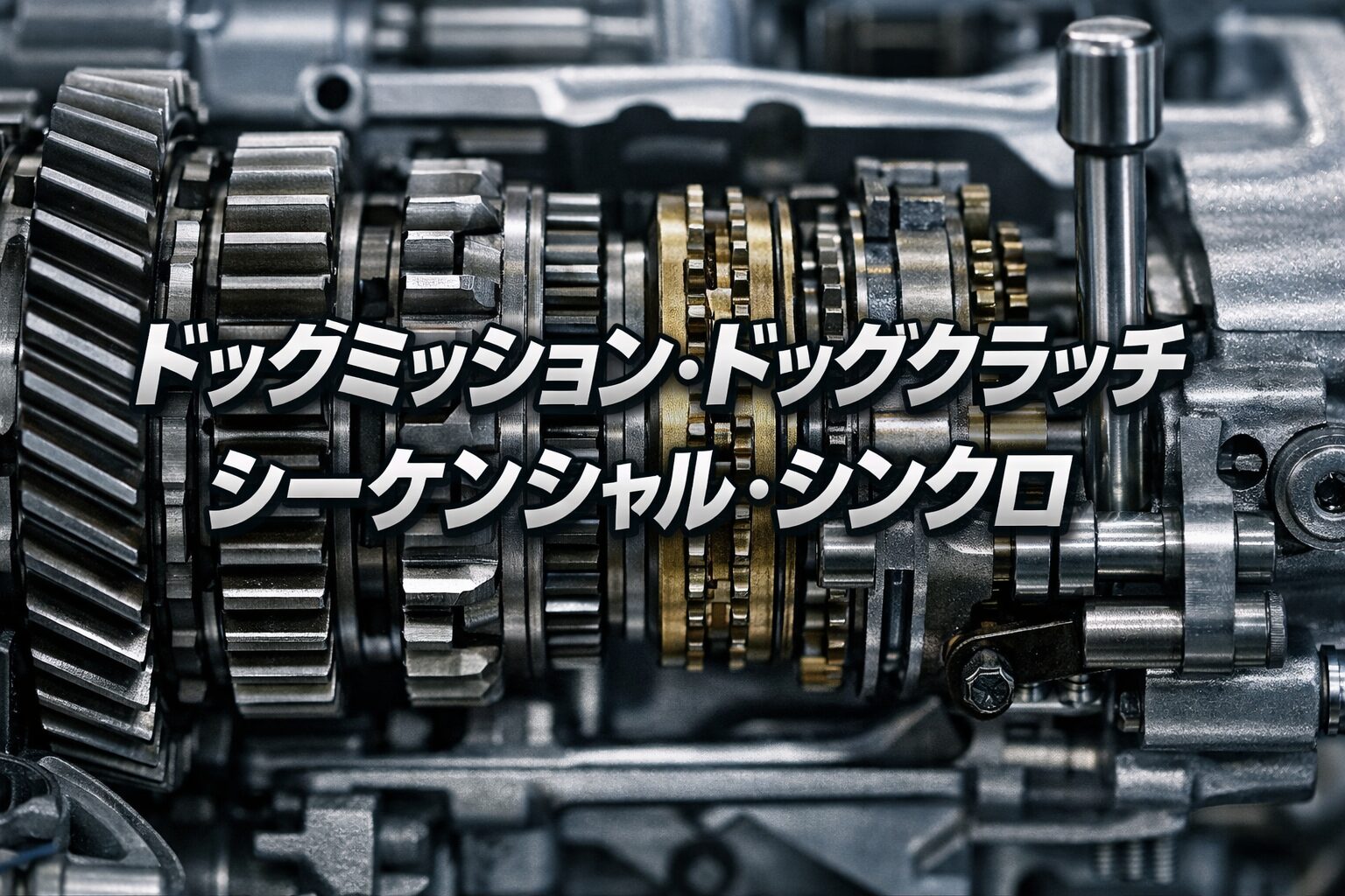 マニュアルトランスミッション内部の歯車とシンクロ機構のクローズアップ。ドッグミッション・ドッグクラッチ・シーケンシャル・シンクロの用語を示すアイキャッチ画像。