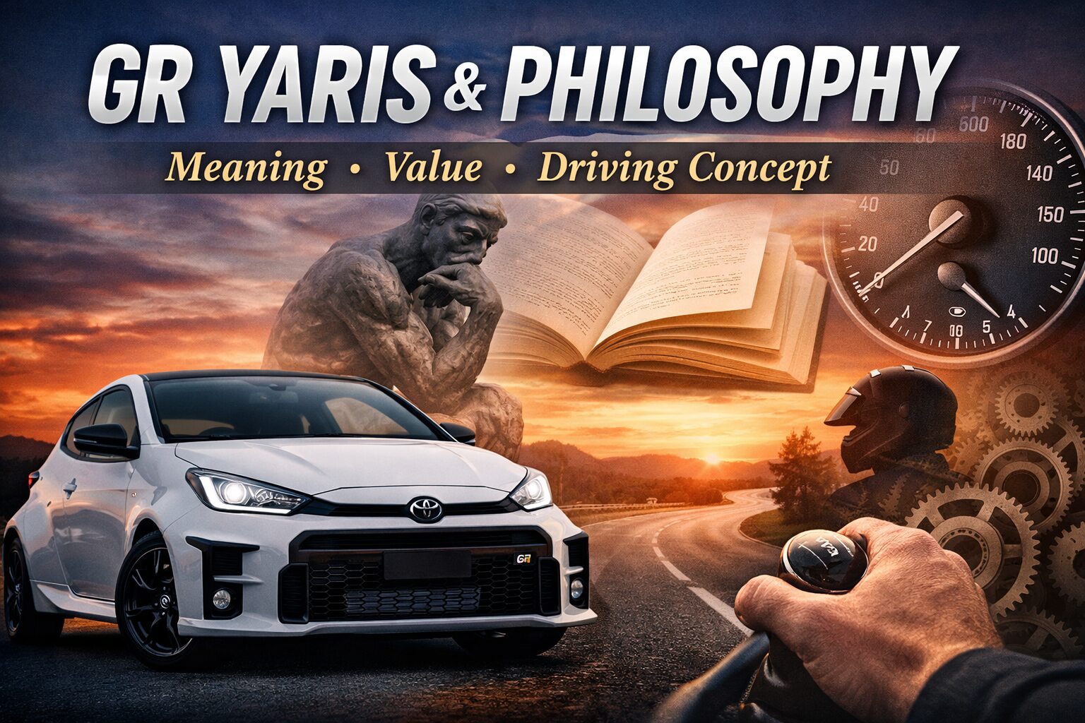 GRヤリスと哲学をテーマにしたコンセプト画像で、スポーツカー・道路・シフト操作・思索する人物が運転の意味や価値を象徴している