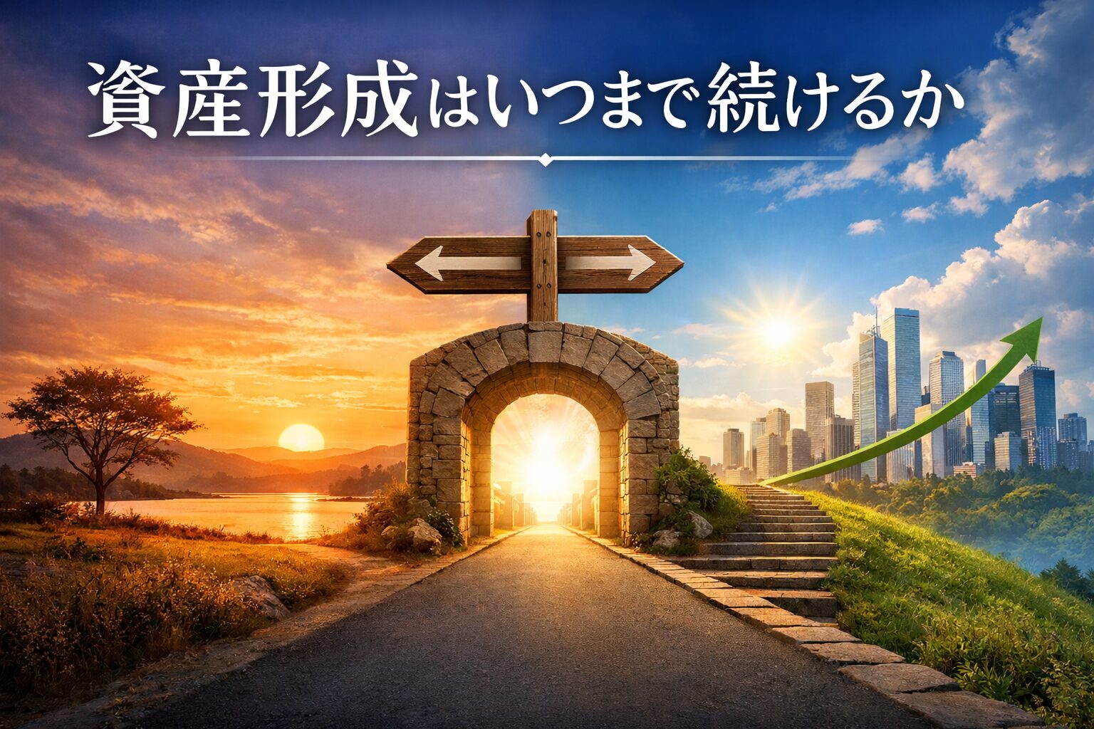 夕焼けの自然風景と都市の高層ビル群を分ける石造りのアーチと分岐標識のイラストに、「資産形成はいつまで続けるか?」という文字を重ねたアイキャッチ画像。