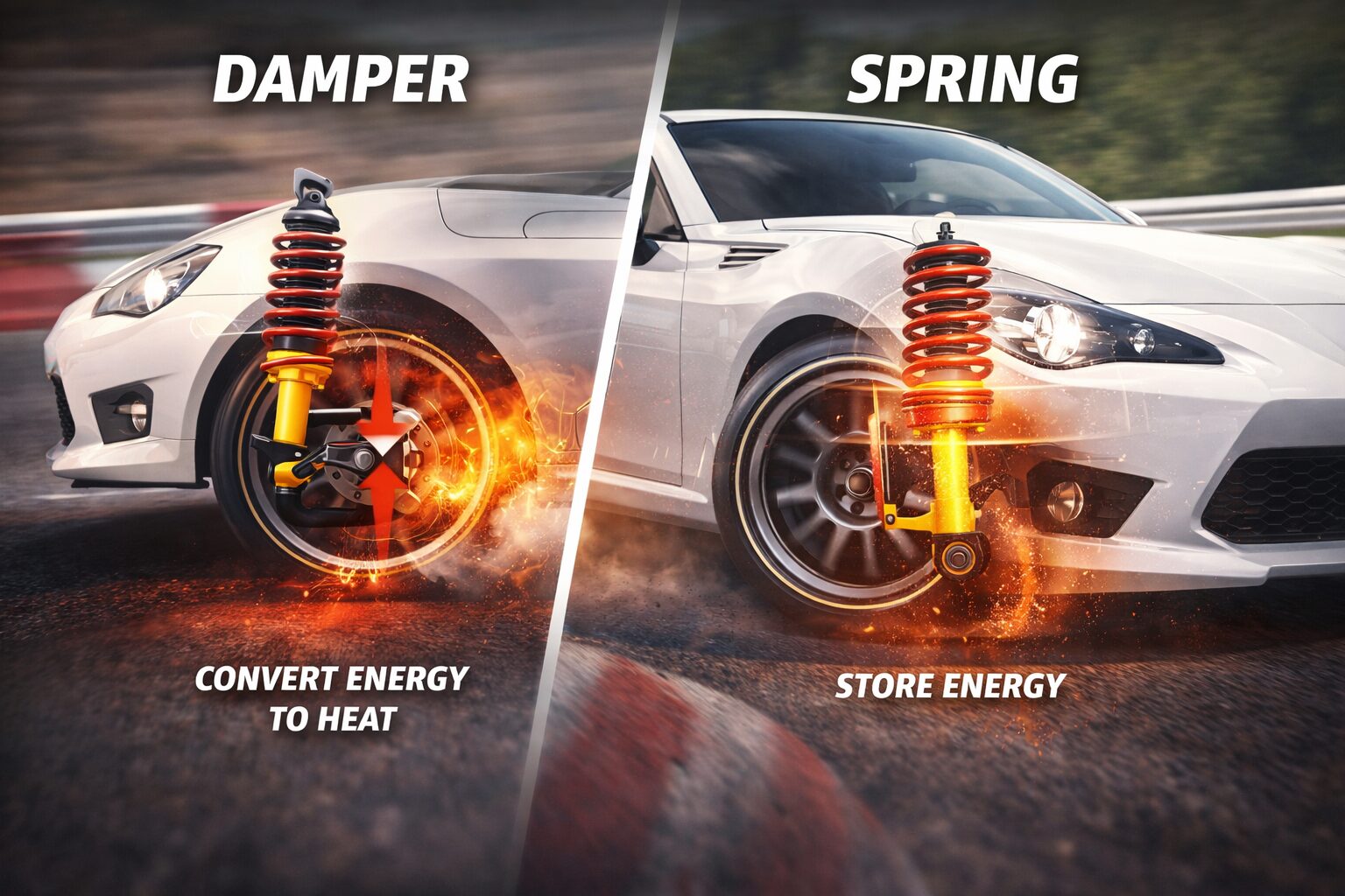 車のサスペンションにおけるダンパーとスプリングの役割を示した図。ダンパーはエネルギーを熱に変換し、スプリングはエネルギーを蓄える様子を対比している。