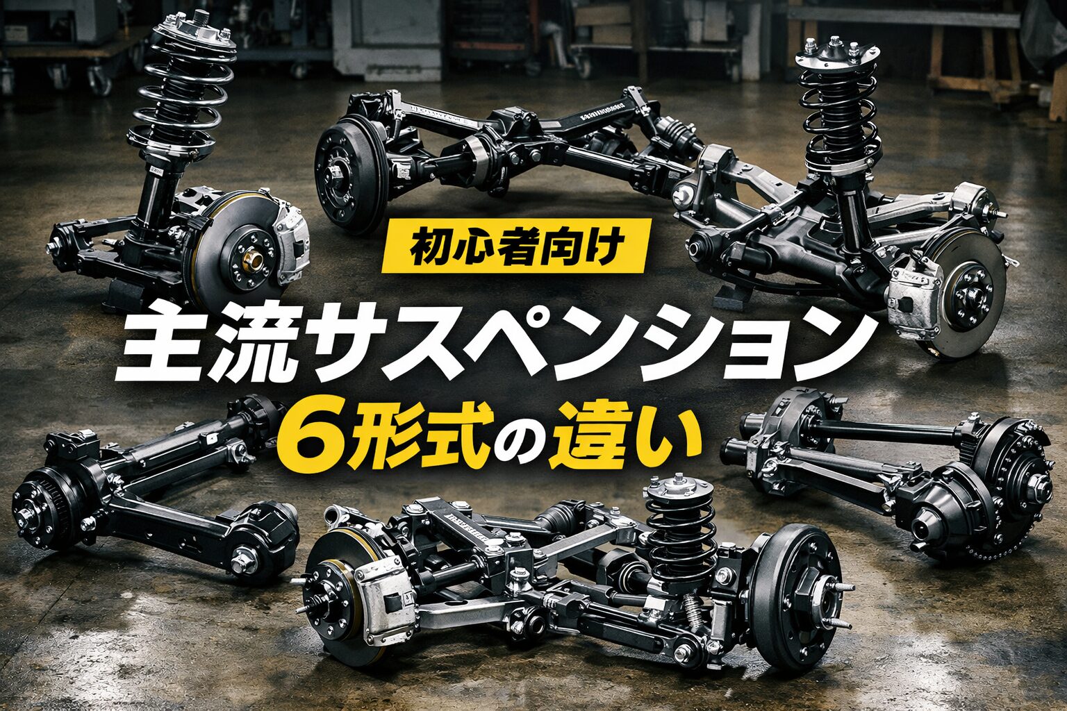 複数の自動車サスペンション構造(ストラット、ダブルウィッシュボーン、マルチリンクなど)を並べたメカニカルな比較イメージ