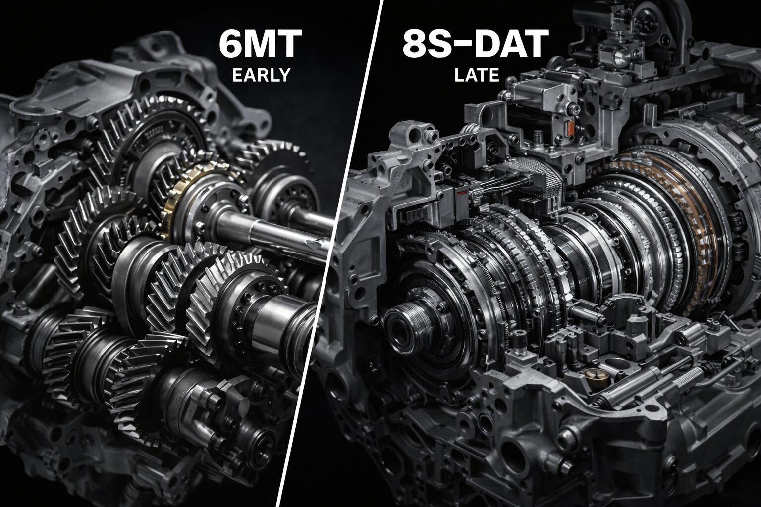 6MTと8S-DATの内部メカニズムを対比したトランスミッション内部構造の写真風イメージ