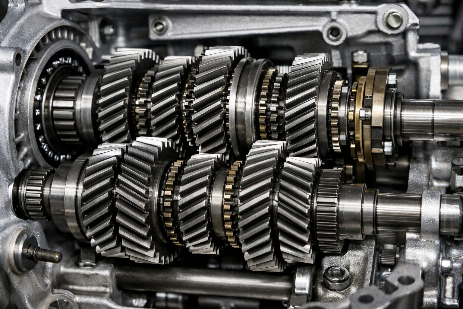 マニュアルトランスミッション内部の常時噛合ギヤ構造。カウンターシャフトと出力軸の歯車が常に噛み合っている様子