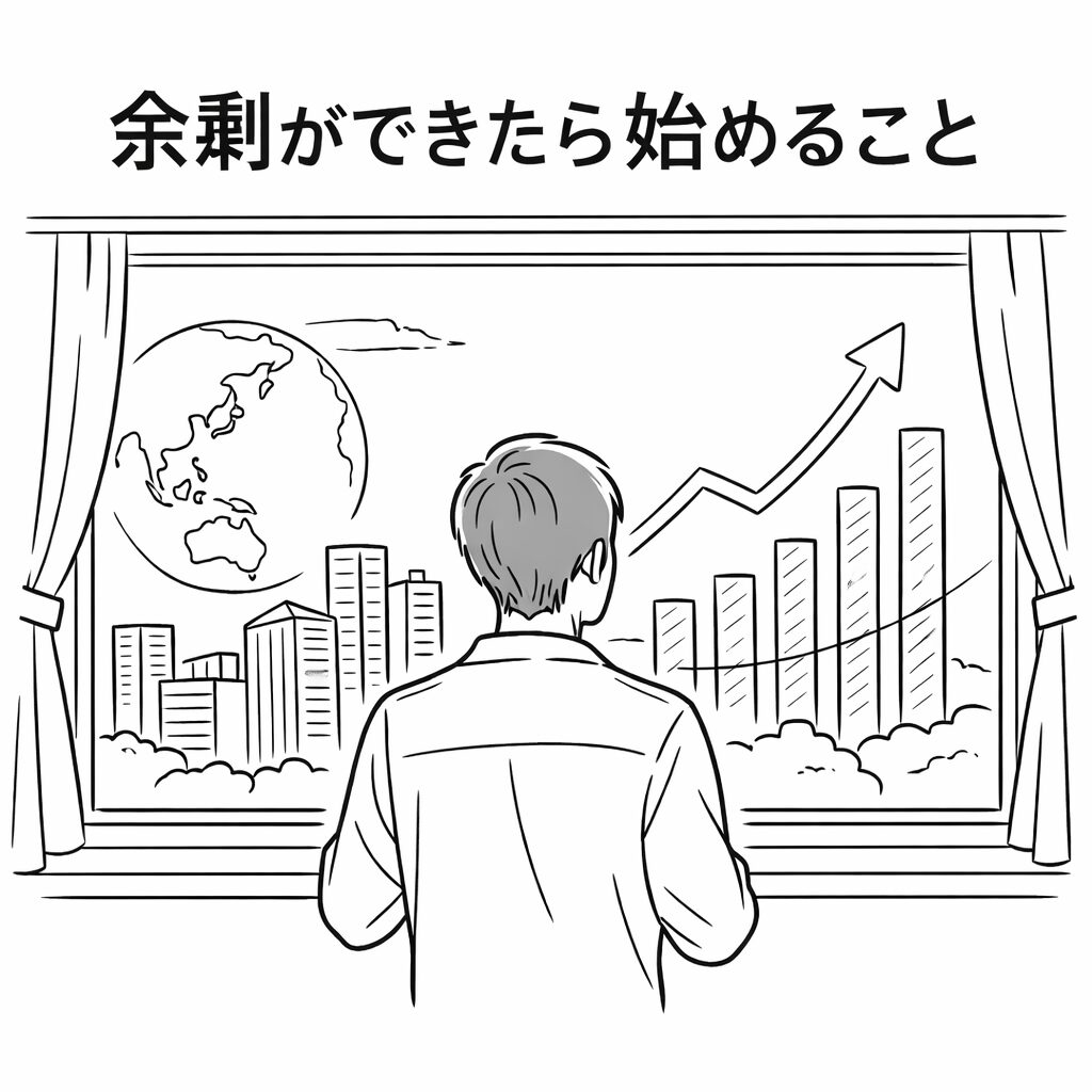 窓の外に広がる都市と上昇するグラフを見つめる若い男性の線画イラスト。余剰資金を金融商品市場へ接続し、長期成長に参加する姿勢を象徴している。