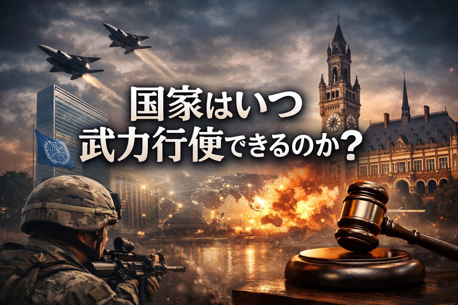 国連本部と戦闘機、爆発、裁判官の木槌が配置され、中央に「国家はいつ武力行使できるのか?」と表示された国際法解説記事のアイキャッチ画像