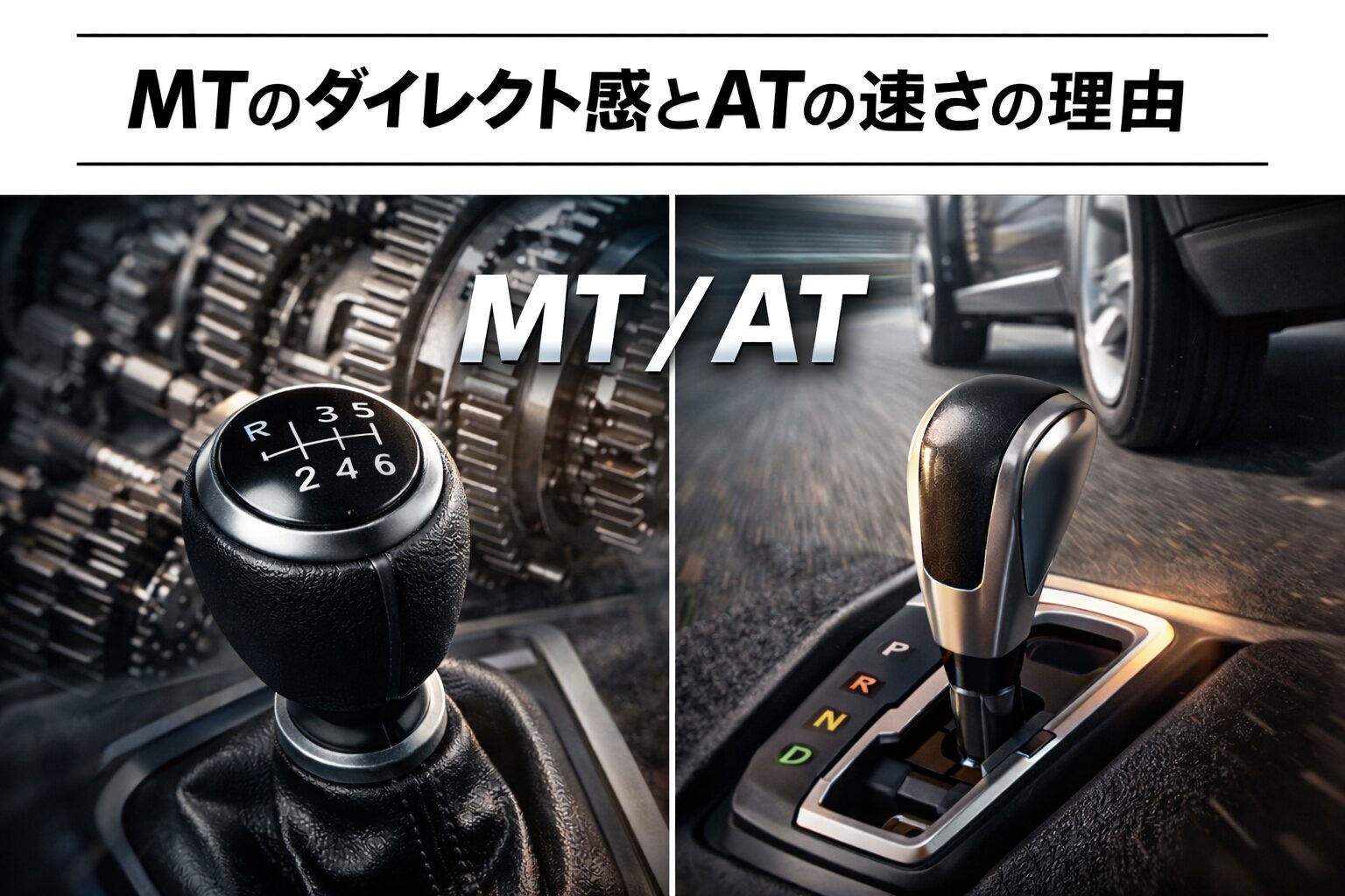 MTのシフトノブとATのシフトレバーを対比したアイキャッチ画像｜MTのダイレクト感とATの速さの理由