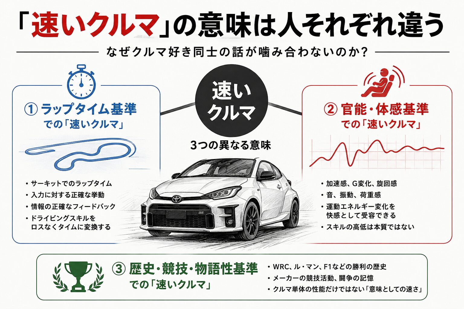「速いクルマ」という言葉の意味を、ラップタイム基準・官能体感基準・歴史競技基準の3種類に整理した概念図。中央にGRヤリス風のスポーツカーイラストを配置した白背景の線画アイキャッチ画像。