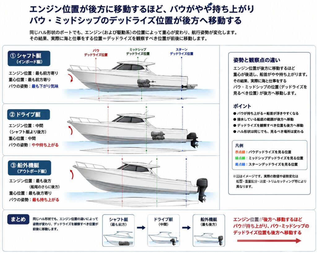 三種類のエンジン積載位置でバウデッドライズ、ミッドシップデッドライズの位置が変化する