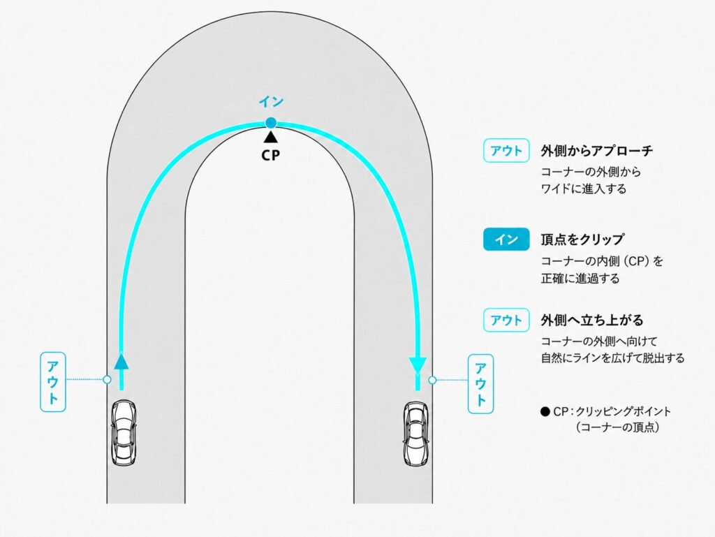 180度コーナーにおけるアウトインアウトの概略図